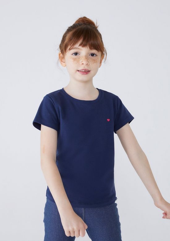 Foto do produto: Blusa Básica Infantil Menina Manga Curta Slim Com Bordado Coração   - Azul