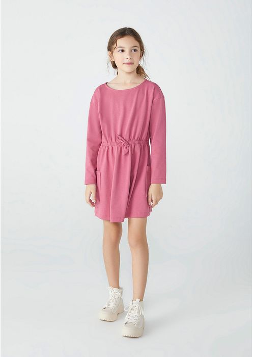 Vestido Infantil Com Laço E Bolso - Rosa Antigo