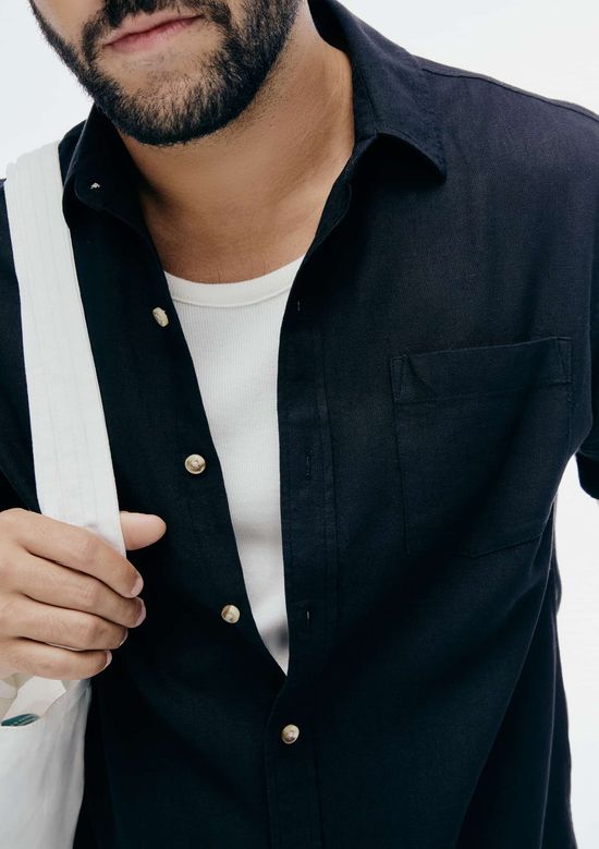 Foto do produto: Camisa Básica Masculina Manga Curta Slim Em Linho - Preto