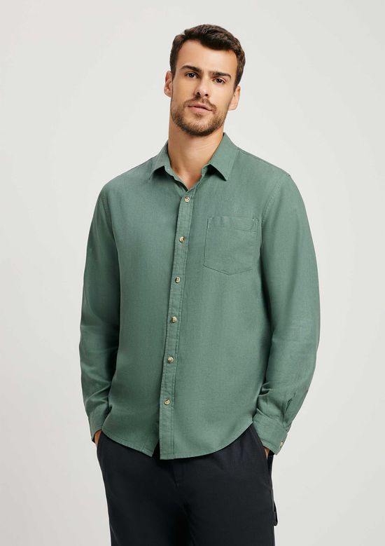 Foto do produto: Camisa Básica Masculina Manga Longa Slim Em Linho - Verde