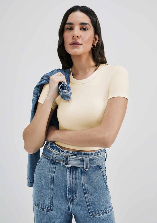 Foto do produto: Blusa Básica Feminina Cropped Em Ribana Canelada - Creme