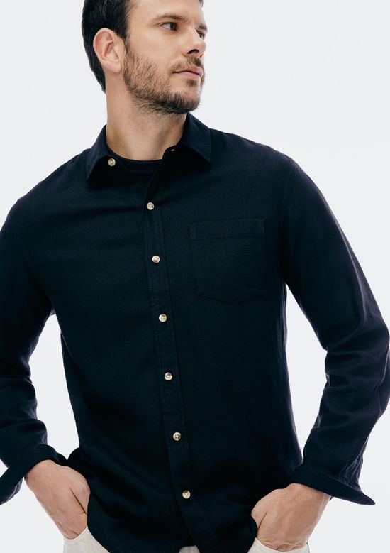 Foto do produto: Camisa Básica Masculina Manga Longa Slim Em Linho - Preto