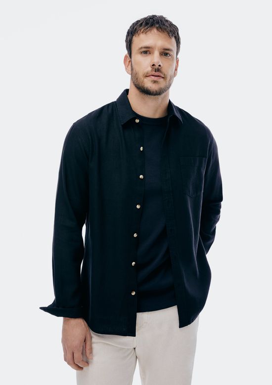 Foto do produto: Camisa Básica Masculina Manga Longa Slim Em Linho - Preto