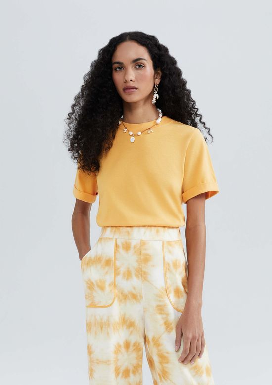 Foto do produto: Blusa Básica Feminina Manga Curta Com Dobra - Laranja