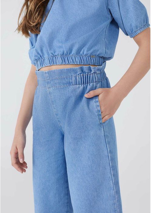 Conjunto Jeans Infantil Menina Cropped E Pantacourt - Azul