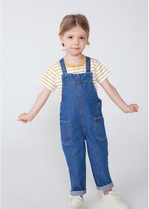 Conjunto Jardineira Jeans Infantil Unissex E Camiseta Listrada Toddler - Azul