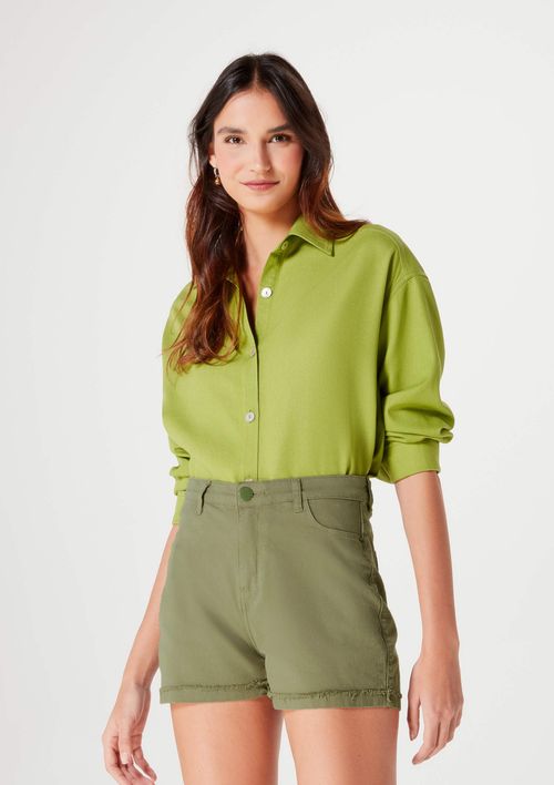 Shorts Básico Feminino Cintura Alta Em Sarja - Verde