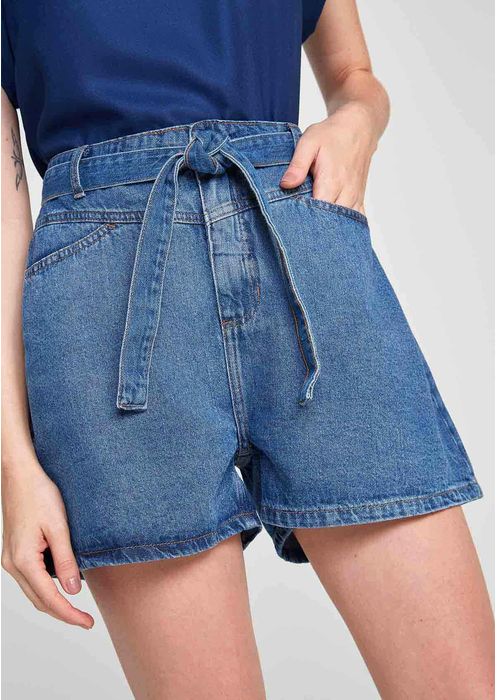 Shorts Feminino Cintura Alta Em Jeans De Algodão - Azul