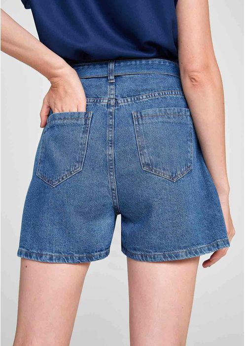 Shorts Feminino Cintura Alta Em Jeans De Algodão - Azul Médio