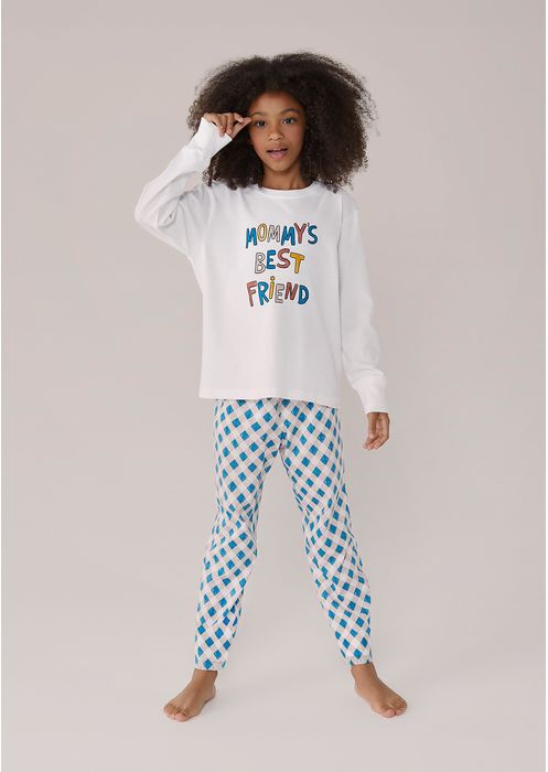 Pijama Infantil Menina Longo Estampado Mãe E Filha - Azul Claro