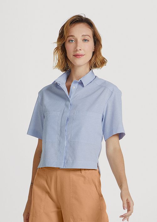 Camisa Cropped Feminina Listrada - Azul