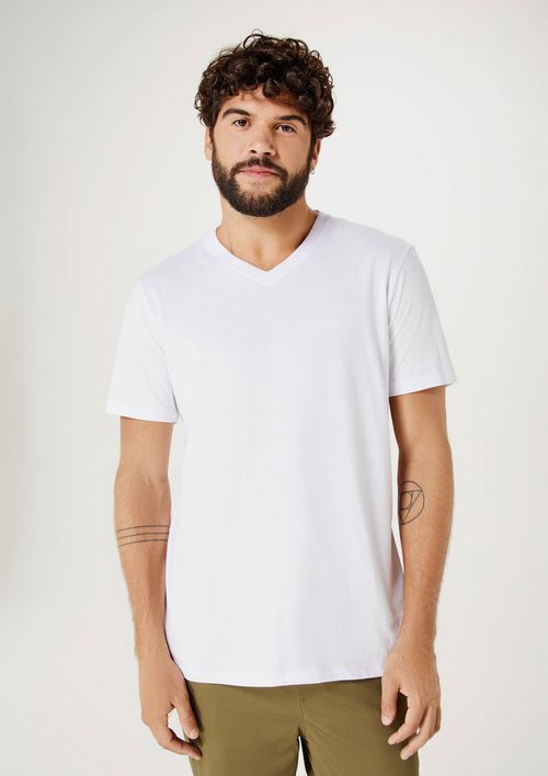 Camiseta Básica Masculina Manga Curta Gola V World - Branco