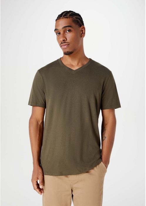 Camiseta Básica Masculina Manga Curta Com Decote V World - Verde Militar