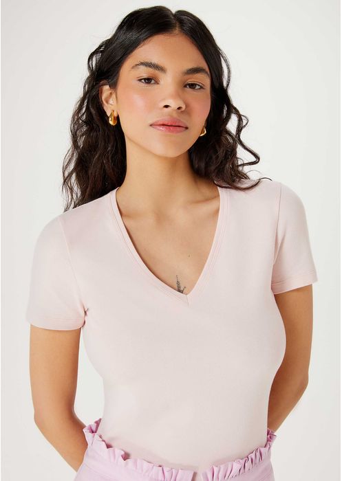 Blusa Básica Feminina Decote V Com Elastano - Rosa Claro
