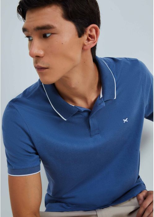 Camisa Básica Masculina Polo Em Malha De Algodão Com Bordado - Azul Marinho