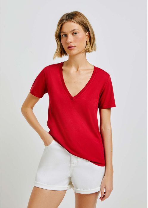 Blusa Básica Feminina Em Algodão Com Decote V - Vermelho
