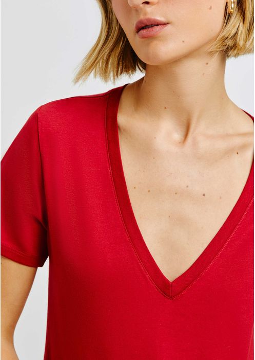 Blusa Básica Feminina Em Algodão Com Decote V - Vermelho