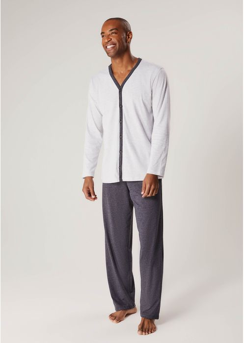 Pijama Longo Masculino Com Botões - Mescla Claro