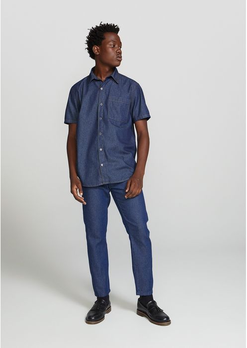 Camisa Jeans Masculina Com Bolso Aplicado - Azul