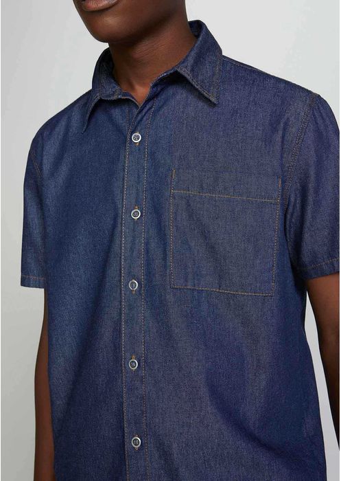 Camisa Jeans Masculina Com Bolso Aplicado - Azul