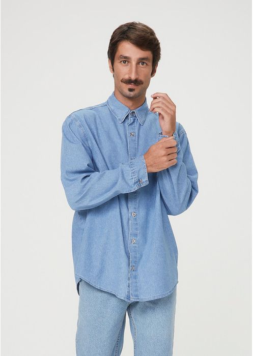 Camisa Jeans Manga Longa Masculina - Azul