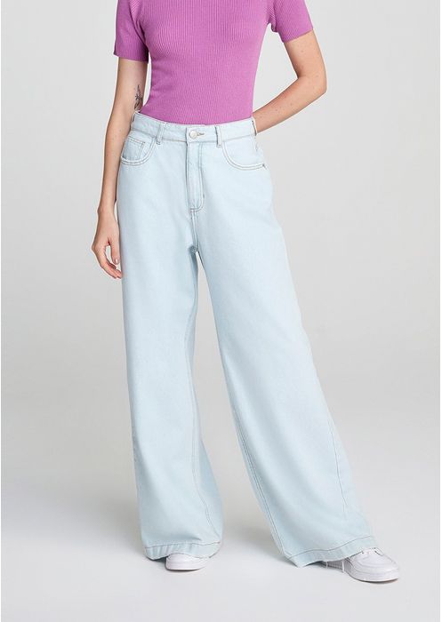 Calça Jeans Básica Feminina Cintura Alta Pantalona - Azul