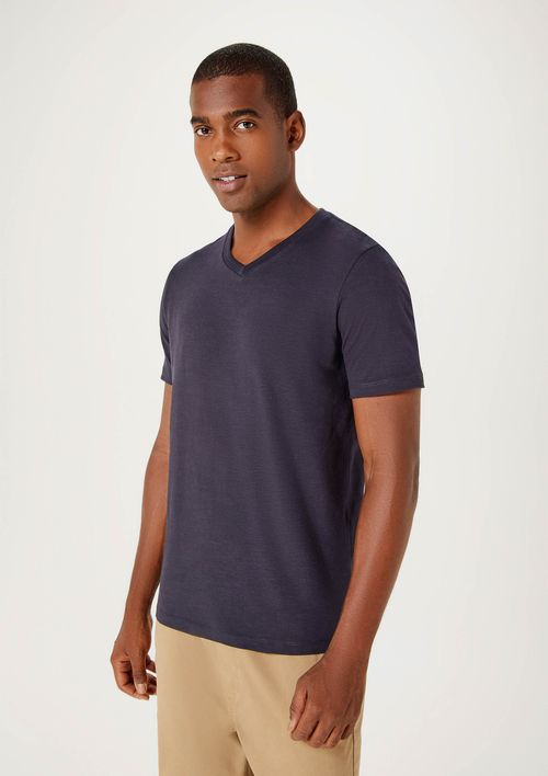 Camiseta Básica Masculina Slim Em Malha Flamê - Azul