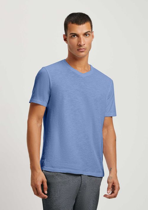 Camiseta Básica Masculina Slim Gola V Em Malha Flamê - Azul