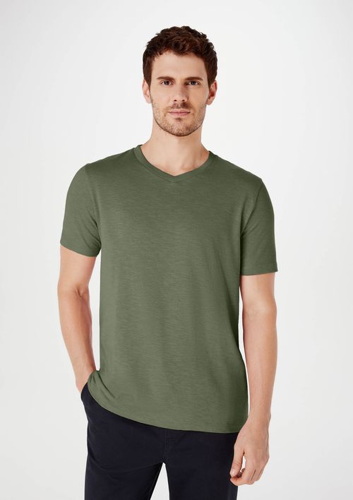 Camiseta Básica Masculina Slim Em Malha Flamê - Verde