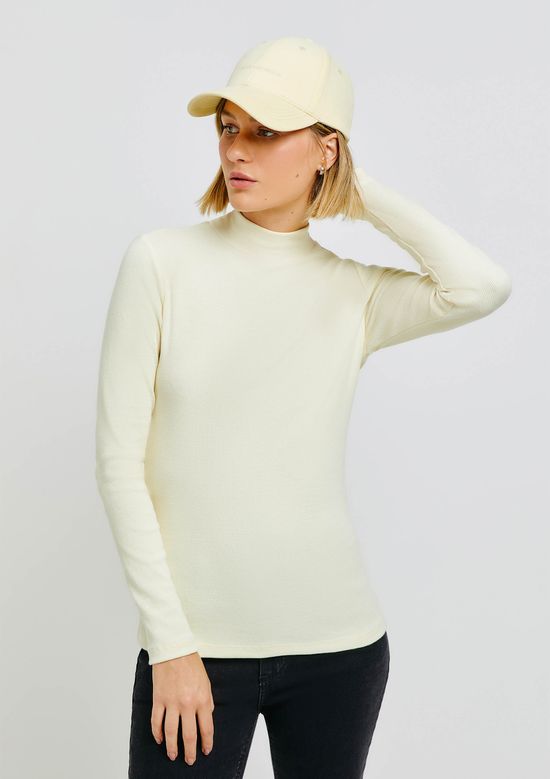 Foto do produto: Blusa Básica Feminina Manga Longa Gola Alta Em Ribana Canelada - Amarelo