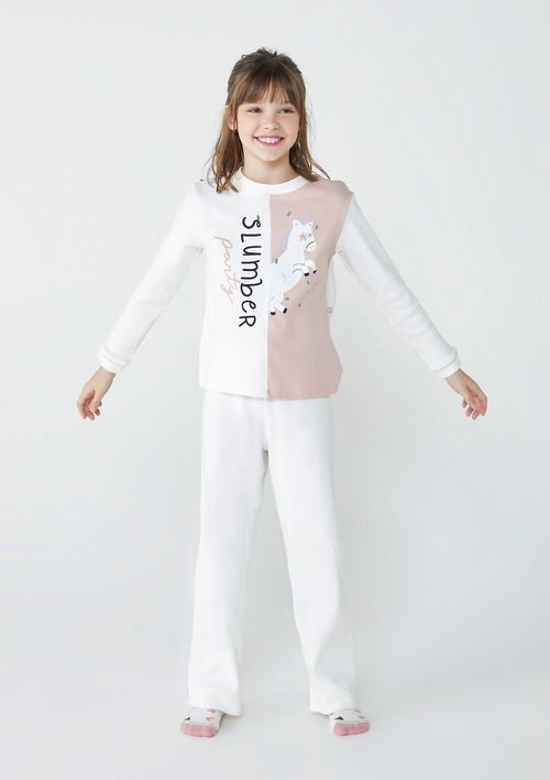 Pijama Infantil Menina Longo Com Estampa - Off White