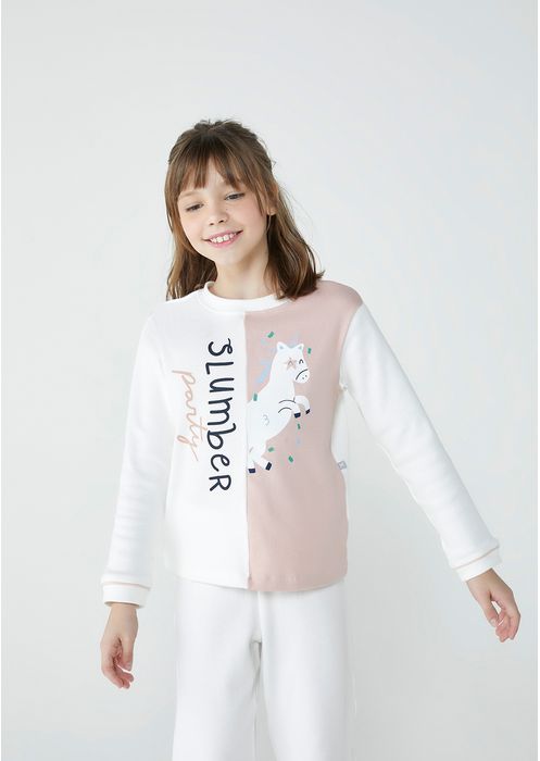 Pijama Infantil Menina Longo Com Estampa - Off White
