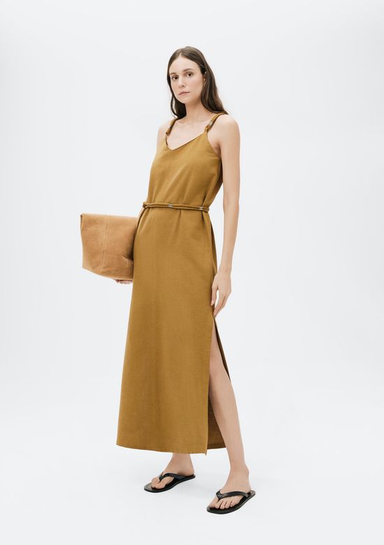 Foto do produto: Vestido Midi Decote V Com Cinto - Caqui
