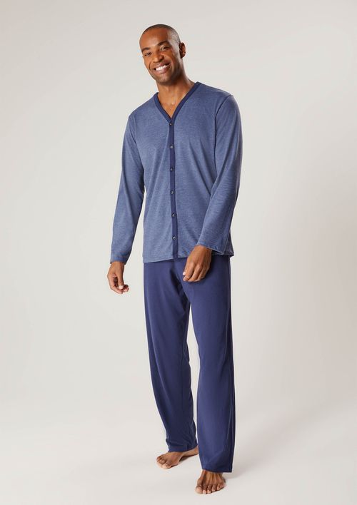Pijama Longo Masculino Com Botões - Azul