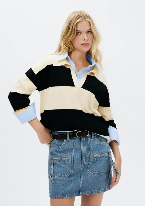 Foto do produto: Blusão Polo Feminina Oversized Listrada - Preto