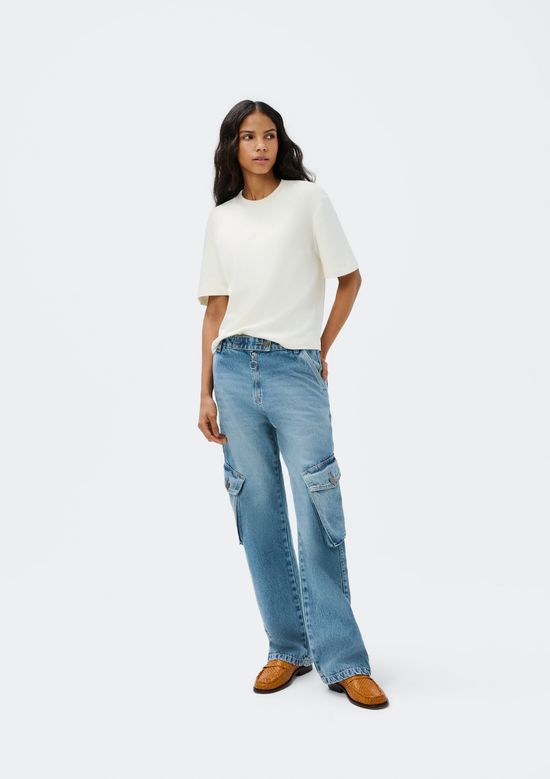 Foto do produto: Calça Jeans Feminina Wide Leg Cargo Cintura Média - Azul