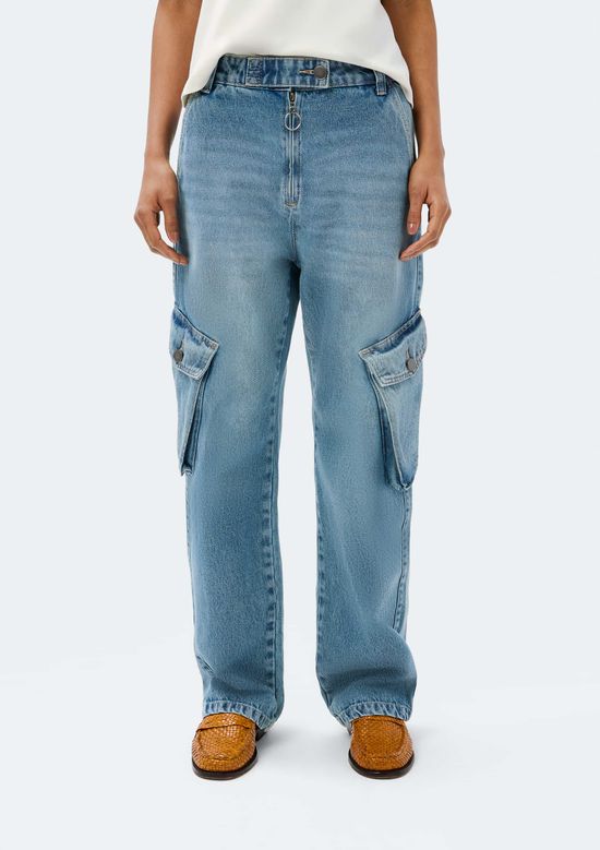 Foto do produto: Calça Jeans Feminina Wide Leg Cargo Cintura Média - Azul