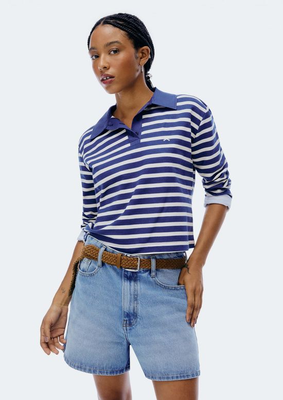 Foto do produto: Blusa Polo Feminina Manga Longa Listrada - Azul