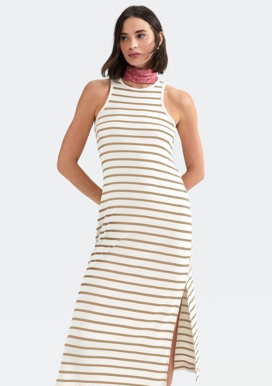 Foto do produto: Vestido Midi Listrado Com Fenda - Bege