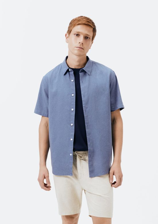 Foto do produto: Camisa Masculina Manga Curta Slim Com Linho - Azul