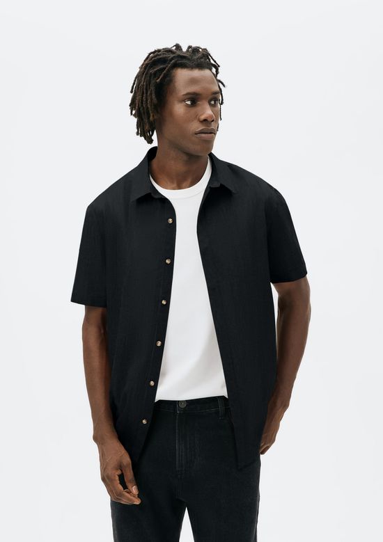 Foto do produto: Camisa Masculina Manga Curta Fio Tinto Listrada Em Linho - Preto