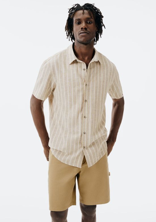 Foto do produto: Camisa Masculina Manga Curta Fio Tinto Listrada Em Linho - Bege