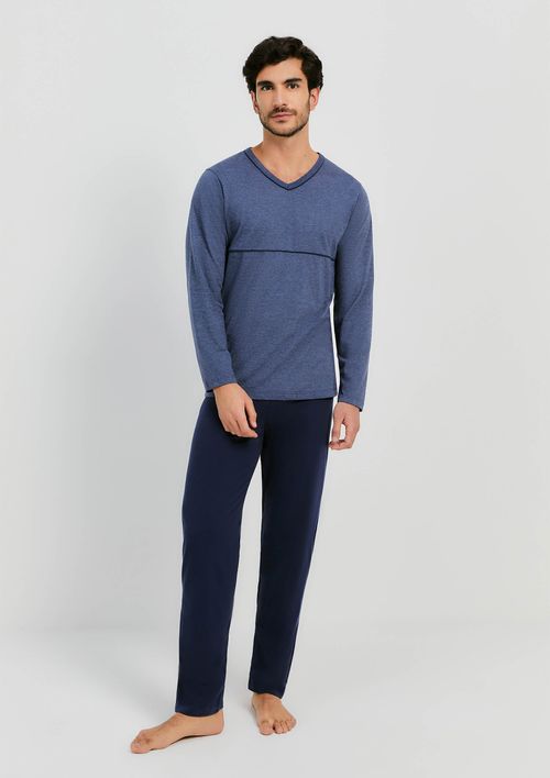 Pijama Masculino Longo Com Decote V - Azul