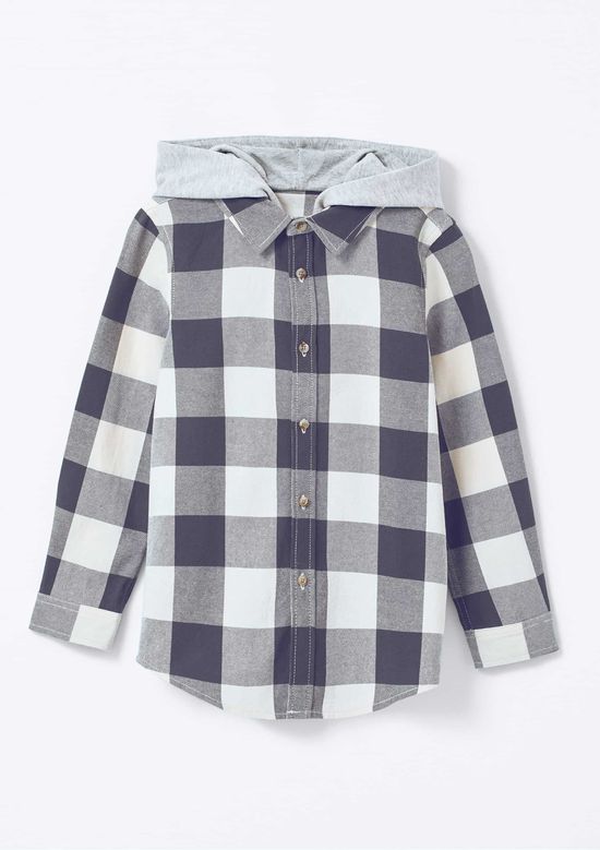 Foto do produto: Camisa Infantil Menino Fio Tinto Xadrez Com Capuz - Cinza