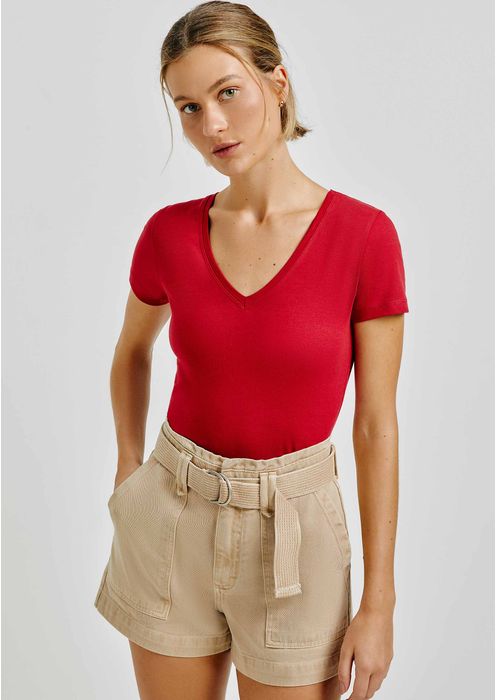 Blusa Feminina Básica Decote V Com Elastano - Vermelho