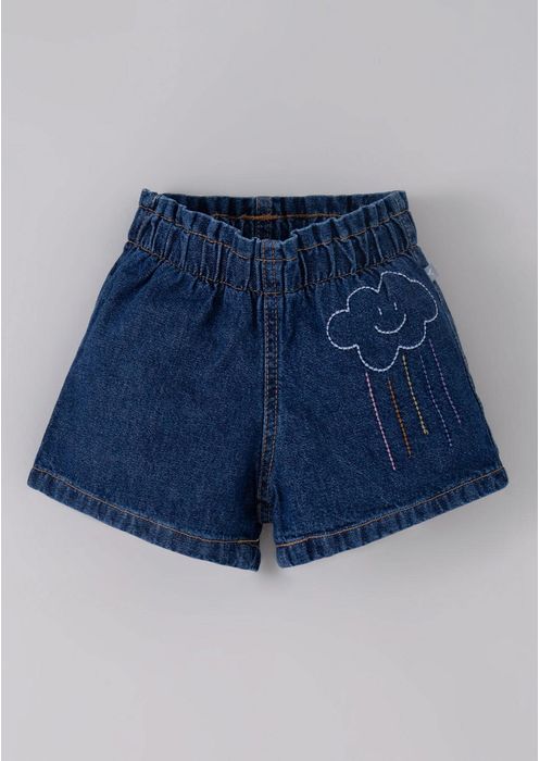 Shorts Jeans Infantil Menina Clochard Com Bordado Nuvem Toddler - Azul Médio