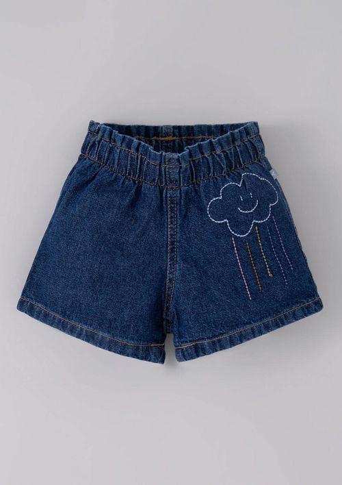Shorts Jeans Infantil Menina Clochard Com Bordado Nuvem Toddler - Azul