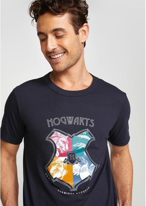 Camiseta Unissex Regular Em Malha Hogwarts - Azul Marinho