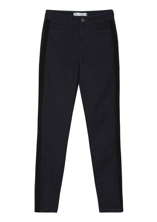 Calça Jeans Feminina Cintura Alta Com Detalhe Em Veludo - Preto