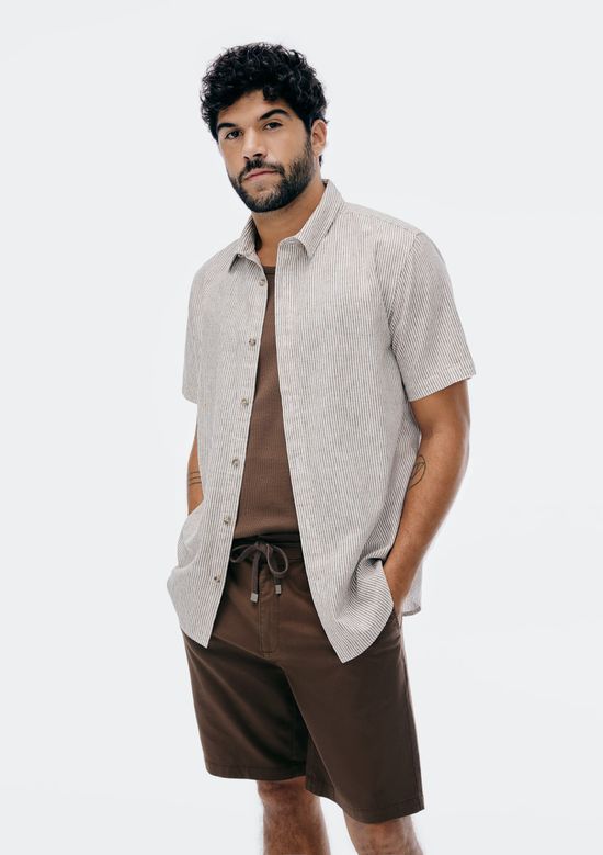 Foto do produto: Camisa Masculina Manga Curta Fio Tinto Listrada Em Linho - Bege